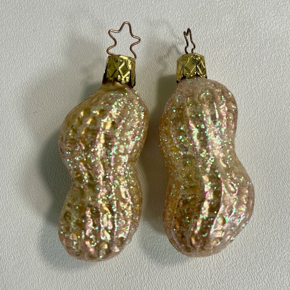 Inge-Glas Hand Blown Glass Peanut Ornaments Glittered Set of 2 Germany